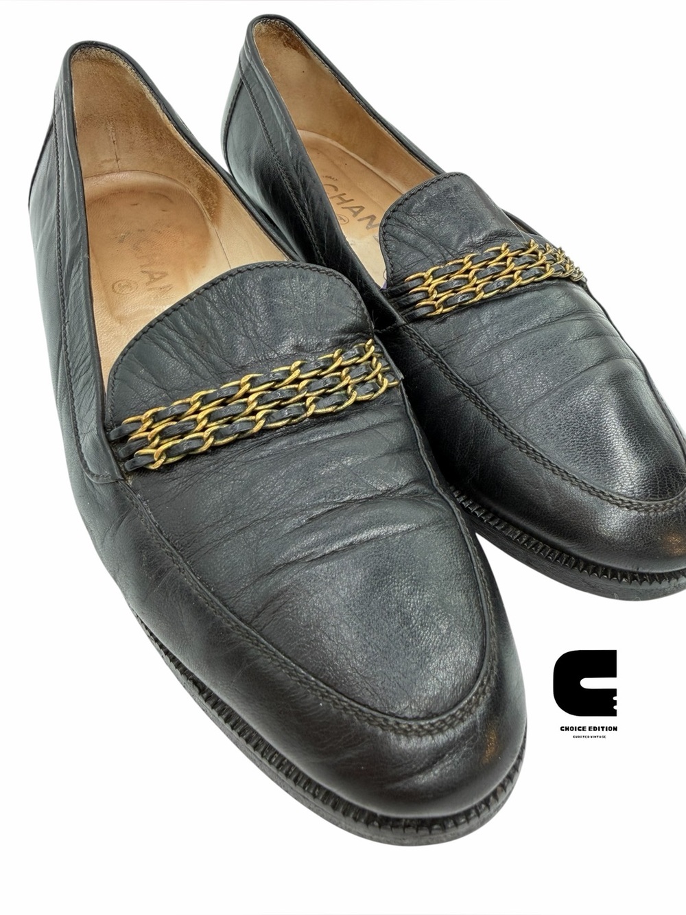 Vintage Chanel Classic Leather CC Chain Slip On Loafers - Size 38 1/2 - Picture 3 of 8